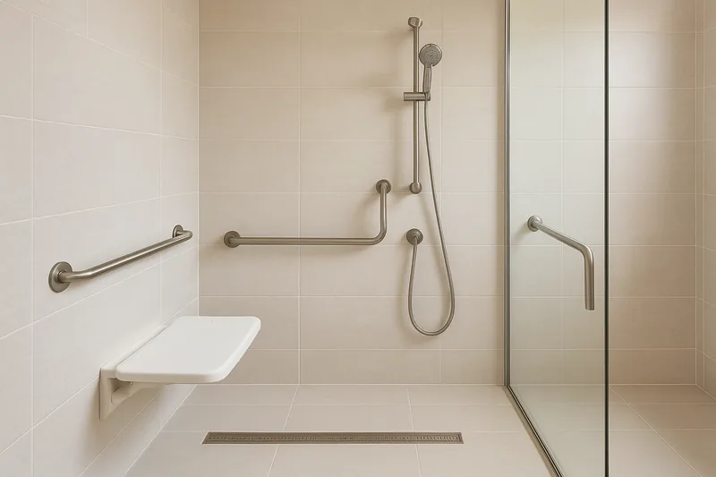 A level-entry shower behind a glass screen with a fold-down seat, stainless steel grab rails, a hand shower on a rail and a linear floor drain — accessible bathroom, Ipswich. Illustrative example.