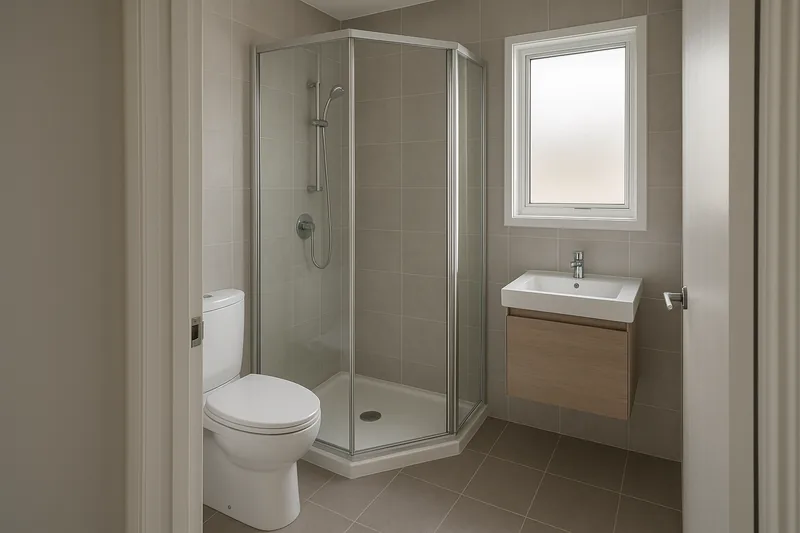 A compact ensuite seen through a bedroom doorway with a glass-screened corner shower, a white toilet and a small wall-hung vanity — ensuite renovation, Ipswich. Illustrative example.