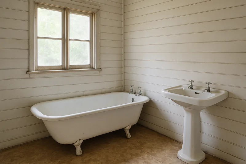 An original bathroom in an older timber house with painted timber-lined walls, a freestanding enamel bath on legs, a pedestal basin and a timber-framed window — older home bathroom renovation, Ipswich. Illustrative example.