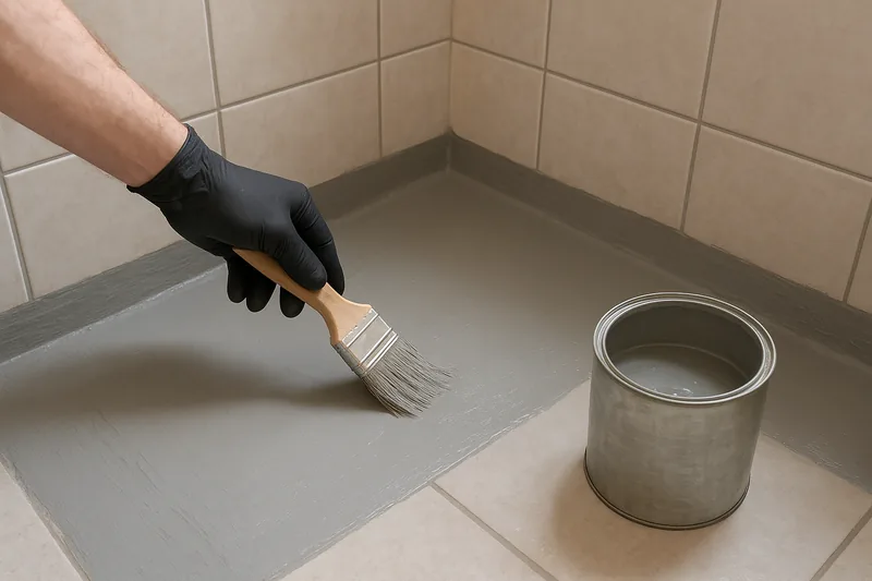 A black-gloved hand brushing a grey liquid membrane over the floor and wall corner of an empty shower recess, a brush and a plain open tin beside it — shower leak repair, Ipswich. Illustrative example.
