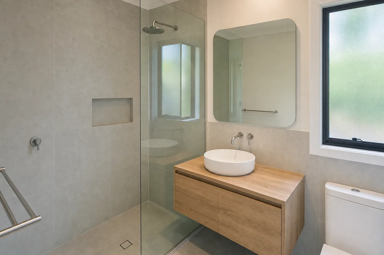A finished family bathroom with a frameless glass walk-in shower, large pale grey wall tiles, a floating oak-look vanity with a round basin, a wall mirror and a black-framed window — bathroom renovation, Ipswich. Illustrative example.